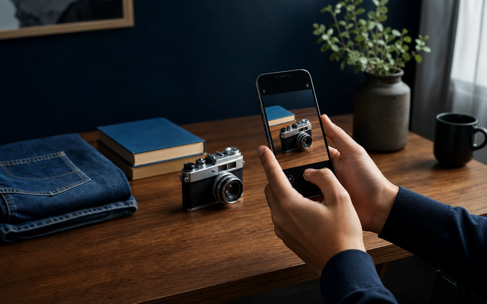 A person using a phone to photograph a vintage camera, books and clothing for resale