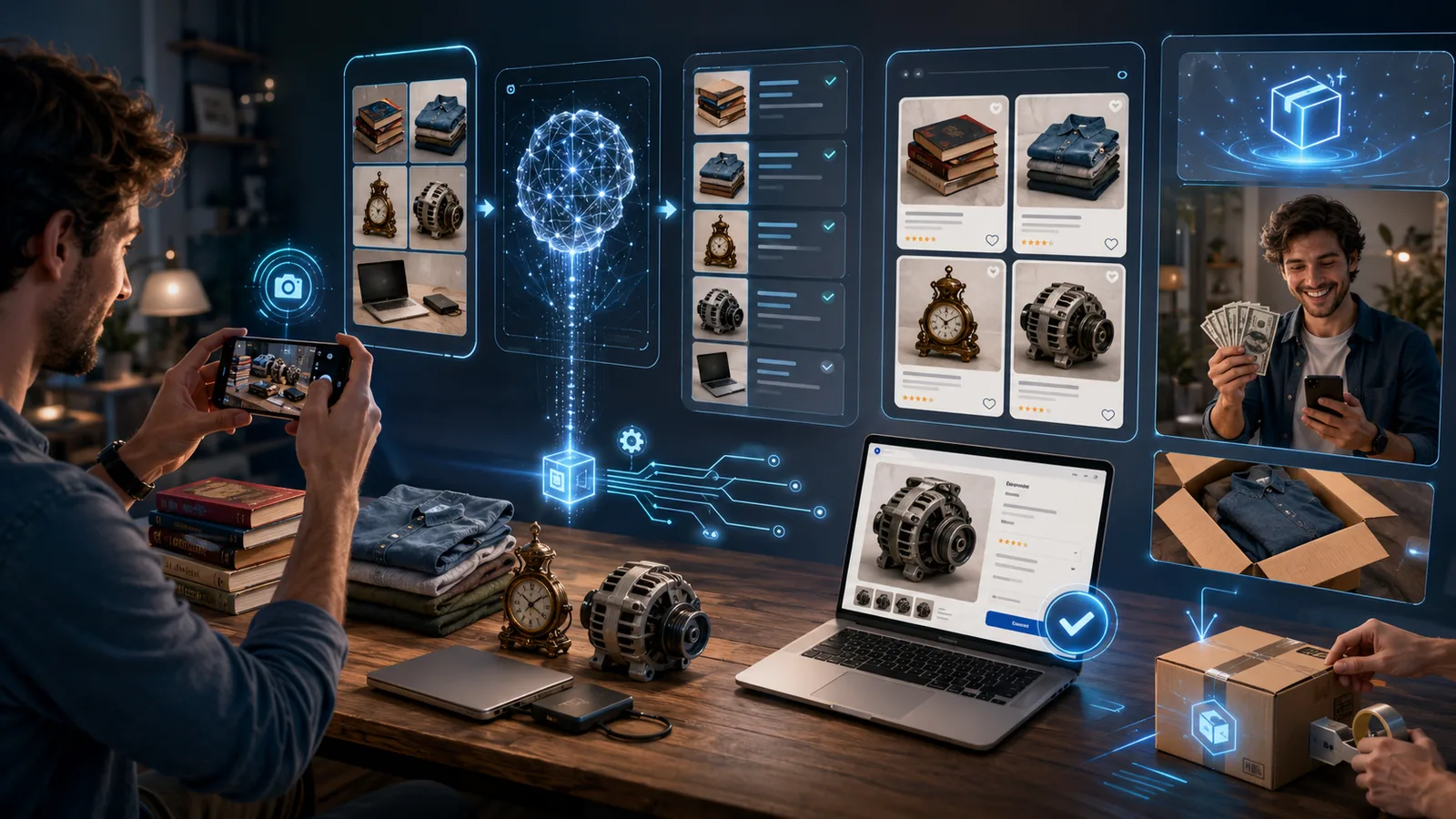 A person photographing used items — books, clothing, and electronics — to prepare them for sale